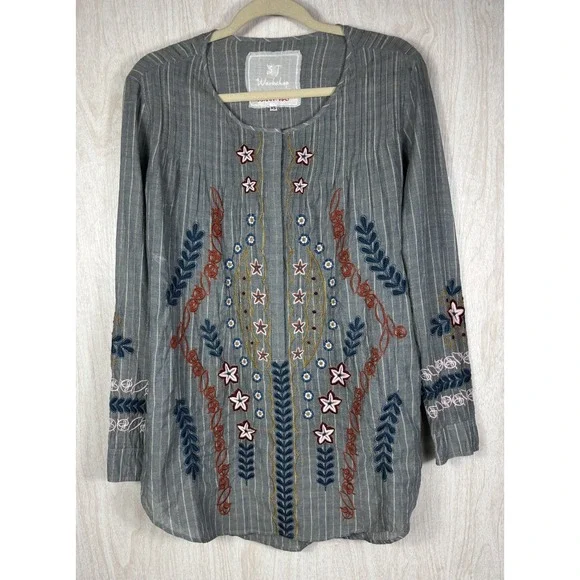 Johnny Was Workshop Shirt Dress XS Stripe Embroidered Floral Boho - Picture 2 of 11